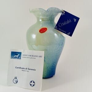 Murano Glass Vase Dogi’s Murano Art Italy Blue Green Scalloped Rim w/ COA